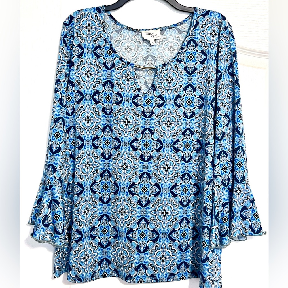 Carol Rose Flare Sleeve Blue Geometric Design Top